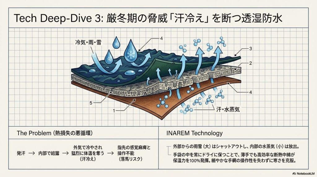雨や雪を防ぎつつ内部の汗や水蒸気を逃がす透湿防水素材の断面図