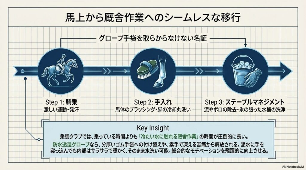 騎乗から馬体の手入れ、水桶の洗浄まで、馬場から厩舎作業へシームレスに移行できることを示すイラスト