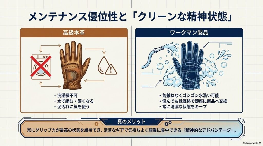 洗濯機不可の高級本革手袋と、気兼ねなく水洗いできるワークマン製品のメンテナンス性の比較図