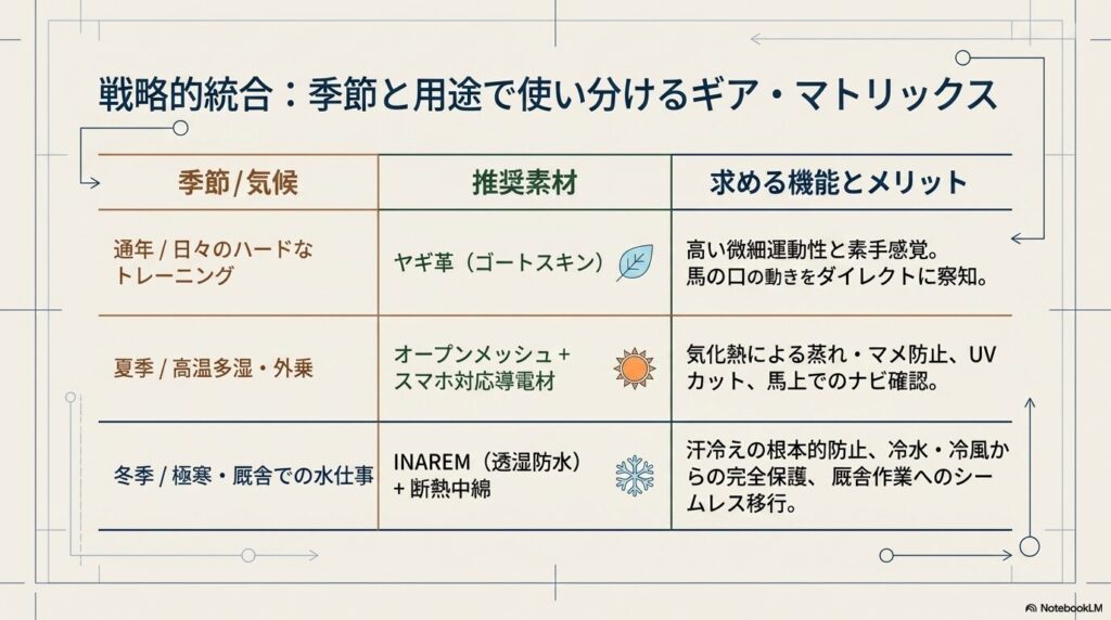 季節や気候に応じた推奨素材と機能を示す乗馬用手袋のギア・マトリックス表