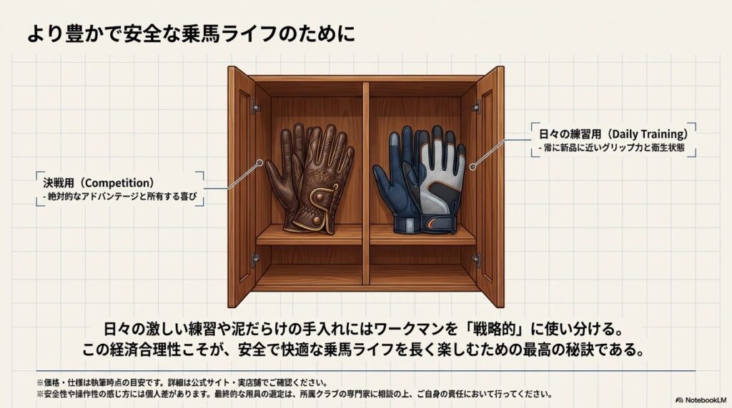 大会用の高級手袋と日々の練習用の手袋を使い分ける様子を描いた木製キャビネットのイラスト