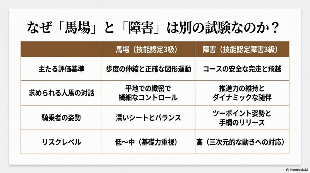 馬場馬術の技能認定3級と障害飛越の技能認定障害3級における評価基準やリスクレベルの比較表