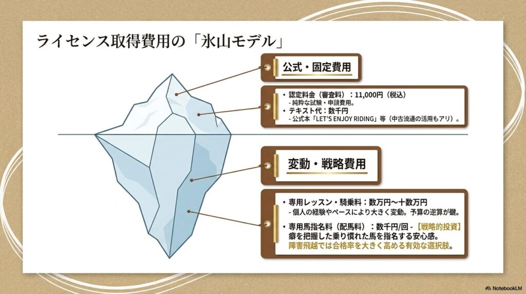 乗馬ライセンス3級取得費用の氷山モデルを示す図解(固定の認定料金と変動する専用レッスン・配馬料の内訳)