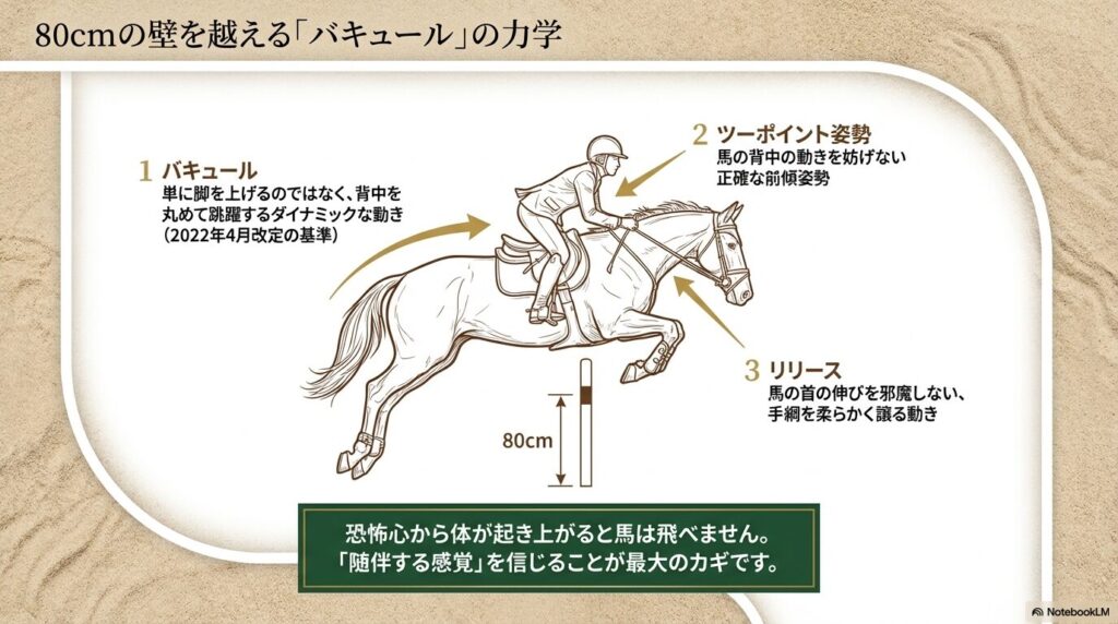 高さ80cmの障害を越えるためのバキュール、ツーポイント姿勢、手綱のリリースの力学