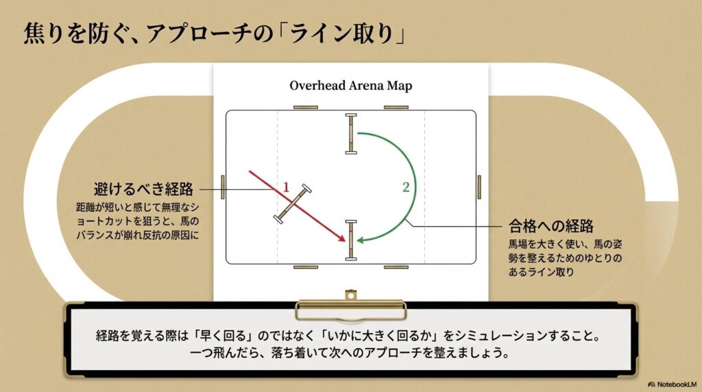 焦りを防ぎ馬の姿勢を整えるための障害アプローチと、ゆとりのあるライン取りの図解