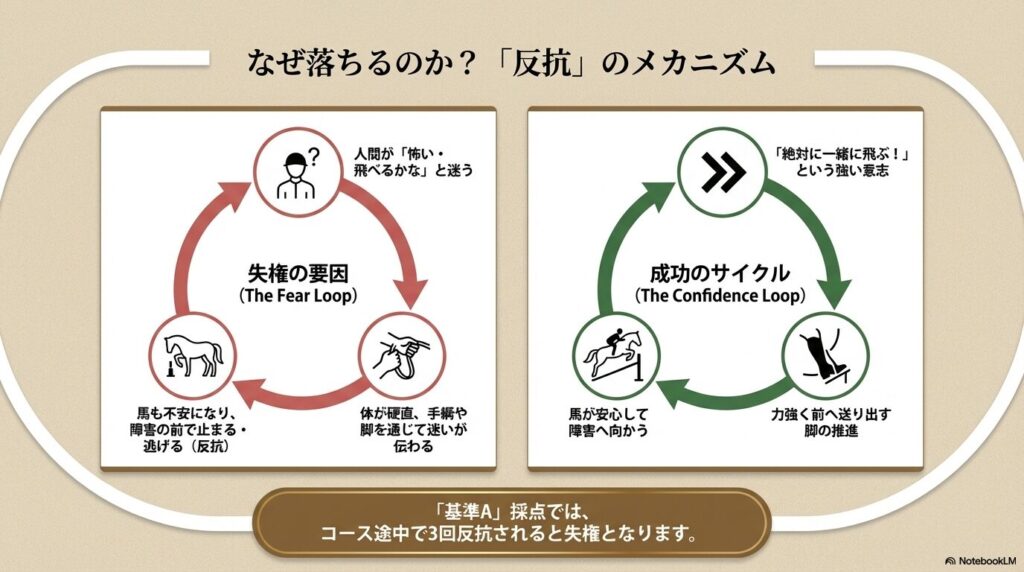 障害の前で馬が反抗して落ちる失権の要因と、強い意志で推進力を保ち成功に導くサイクルの図解