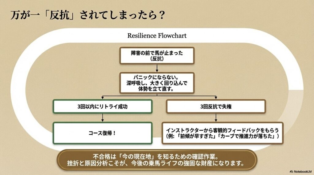 障害の前で馬が反抗した際のパニックを防ぎ、3回以内にコース復帰して体勢を立て直すフローチャート