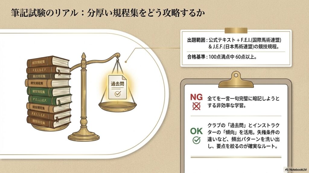 分厚い国際馬術連盟や日本馬術連盟の競技規程集と、出題傾向を絞る過去問を測る天秤のイラスト