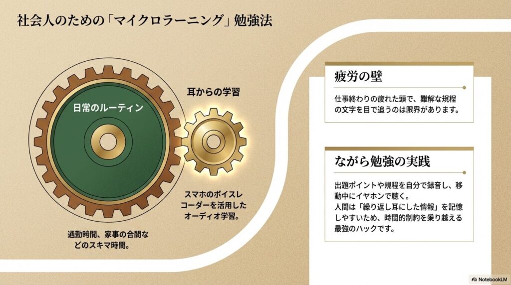 日常のルーティンにスマホのボイスレコーダーを活用した耳からのオーディオ学習を組み合わせる歯車の図解