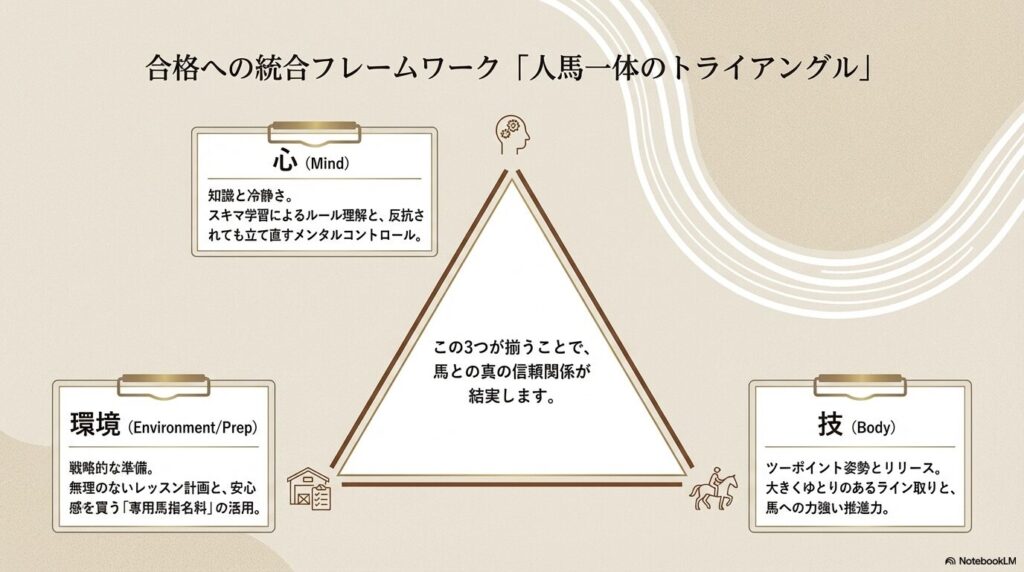 知識と冷静さの心、戦略的な準備の環境、ツーポイントと推進力の技が揃うことで馬との信頼関係が結実する人馬一体のトライアングル