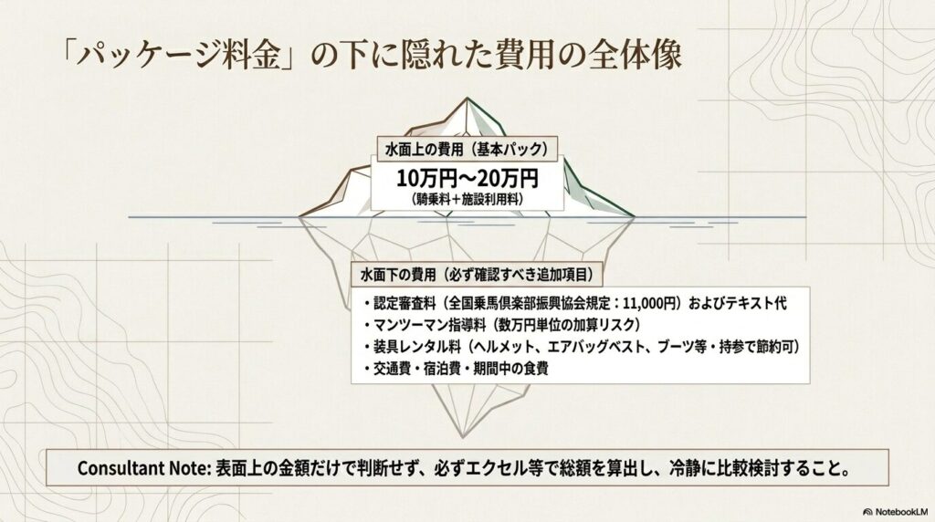 乗馬合宿の表面的な基本パック料金(10万円〜20万円)と水面下に隠れた追加費用を示す氷山モデルの図解