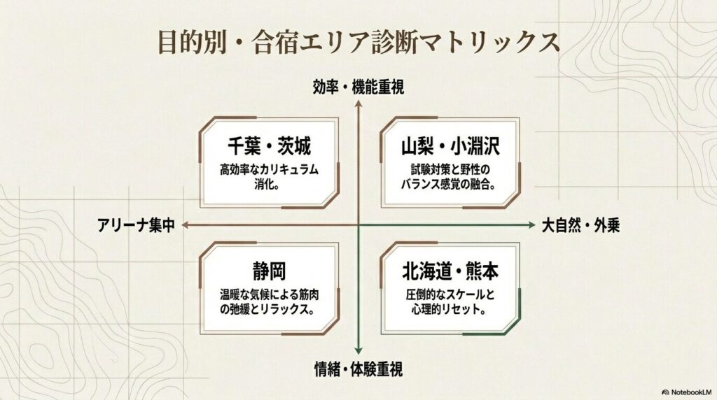 千葉・茨城、山梨・小淵沢、静岡、北海道・熊本の4エリアを「効率・情緒」「馬場・外乗」の軸で分類した目的別合宿エリア診断マトリックス