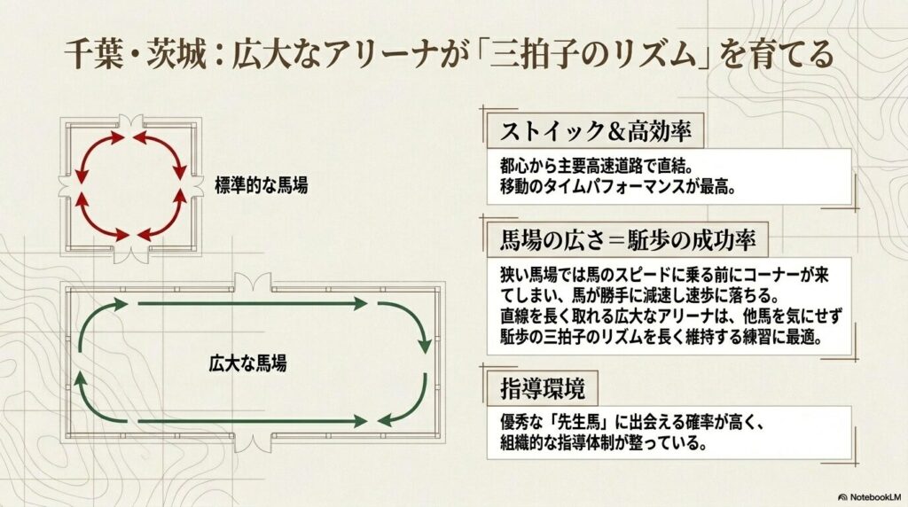標準的な広さの馬場と直線を長く取れる広大な馬場の走行ルートの比較図解