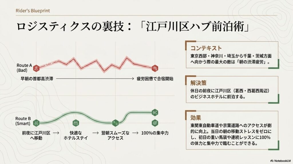 早朝の首都高渋滞ルートと、江戸川区のビジネスホテルに前泊してスムーズにアクセスするルートの疲労度比較図