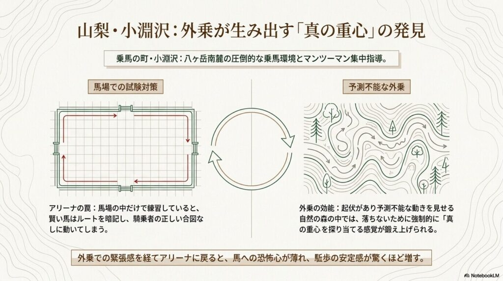 長方形の馬場でのルート練習と、木々や起伏がある自然の森の中を走る外乗ルートの図解