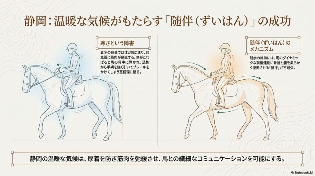 寒さで筋肉が硬直した騎乗姿勢と、温暖な気候で骨盤と腰が柔らかく連動する随伴(ずいはん)のメカニズム図