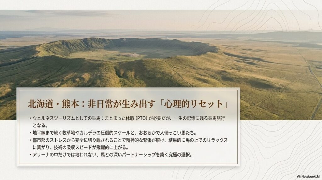 地平線まで続く広大な牧草地と自然の中を馬で進む非日常的なウェルネスツーリズムのイメージ図