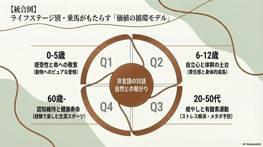 幼児期からシニア世代まで、乗馬が各ライフステージでもたらす価値の循環を示す統合図モデル