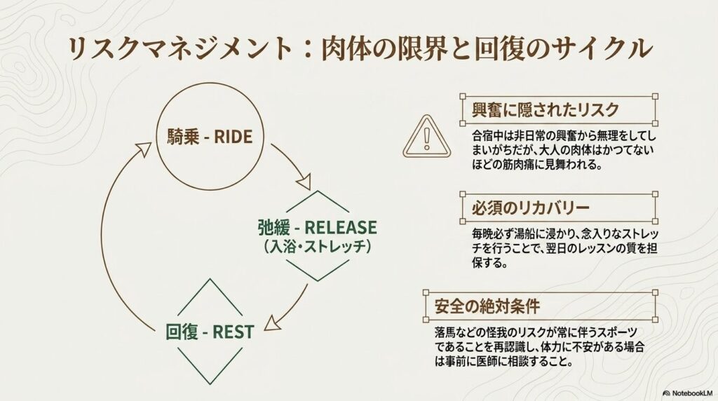 合宿中の騎乗、回復、弛緩からなる肉体のリカバリーサイクルの図解