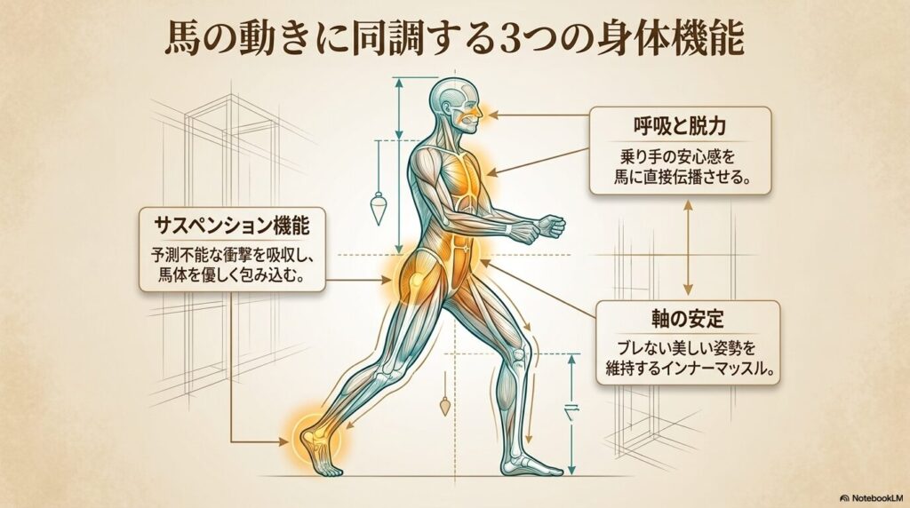 馬の動きに同調するための3つの身体機能と生体力学的メカニズム