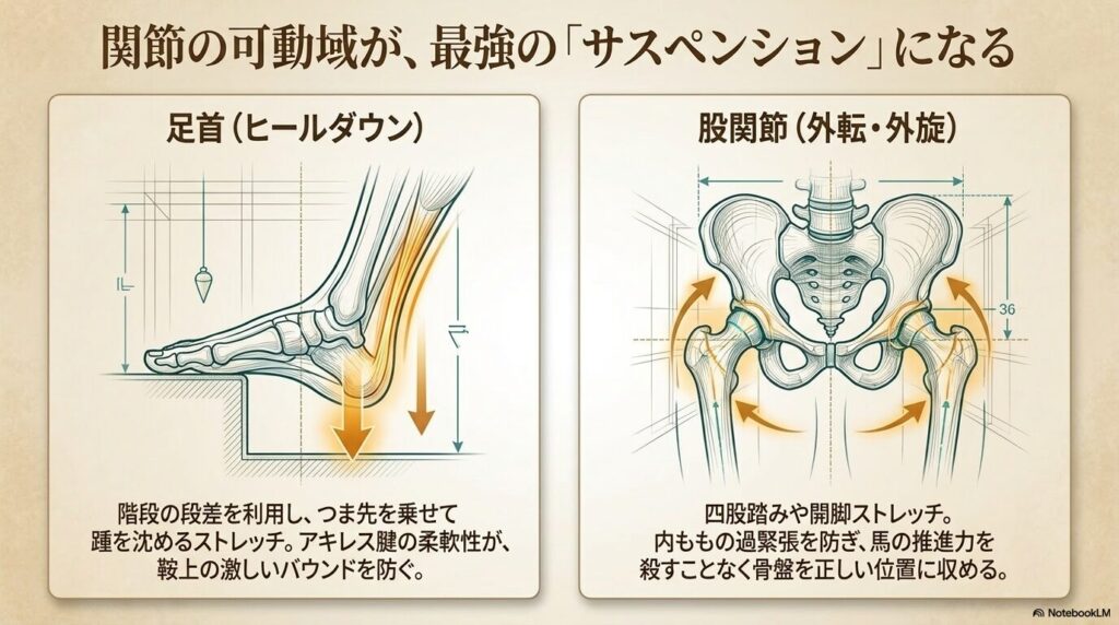 ヒールダウンとディープシートに必要な足首と股関節の可動域を図解