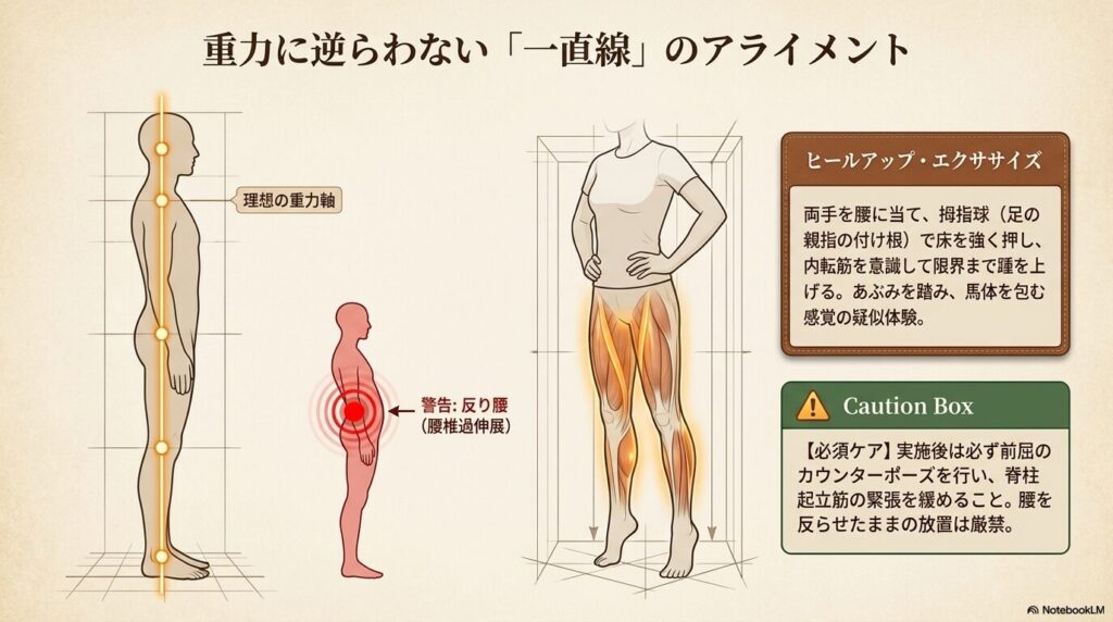 乗馬における重力に逆らわない理想的な一直線のアライメントとヒールアップ動作