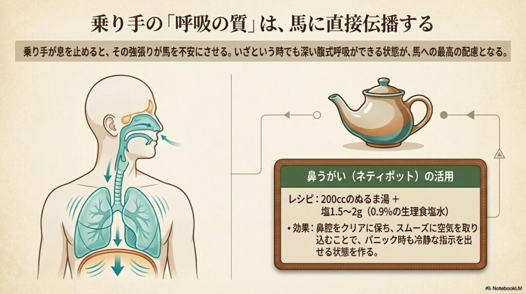 乗馬のパニックを防ぎリラックスを促す鼻うがいのやり方と生理食塩水の作り方