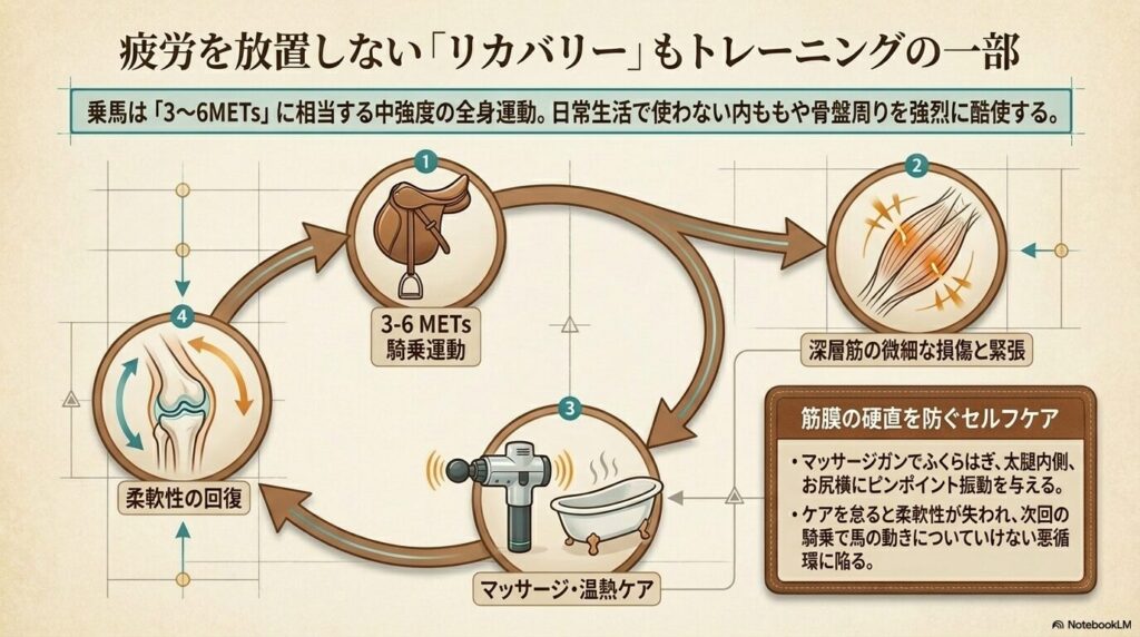 乗馬後の疲労回復を促すマッサージガンを用いたリカバリーの重要性