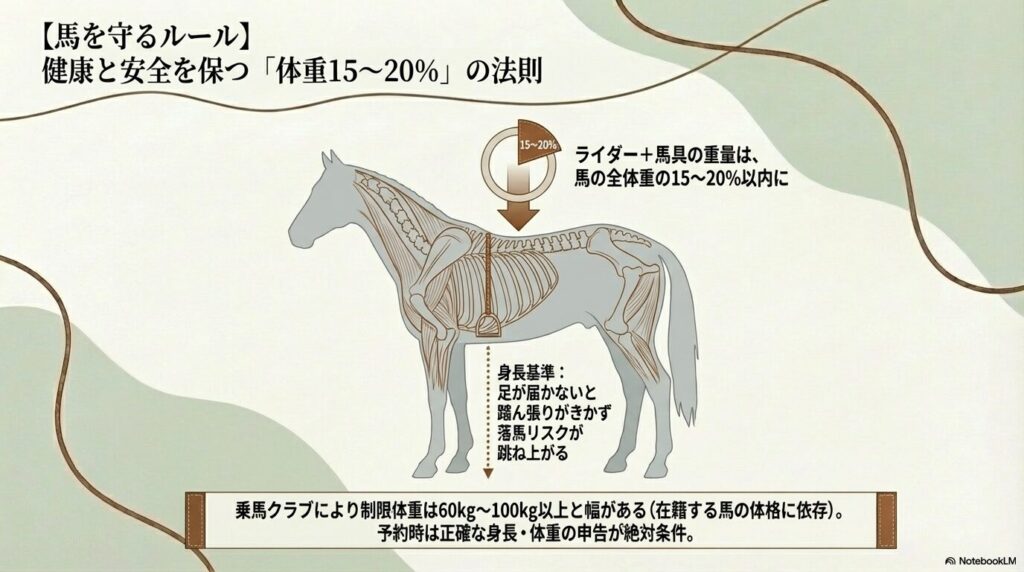 馬の健康と安全を守るため、ライダーと馬具の総重量を馬の体重の15パーセントから20パーセント以内に収めるルール解説図