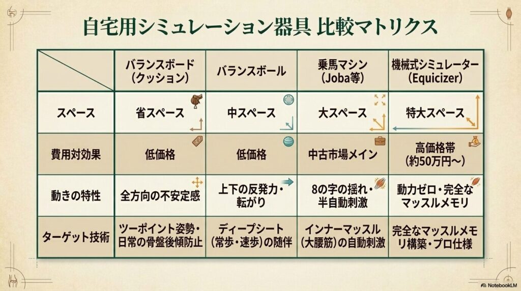 バランスボード、バランスボール、乗馬マシン、本格シミュレーターの比較表