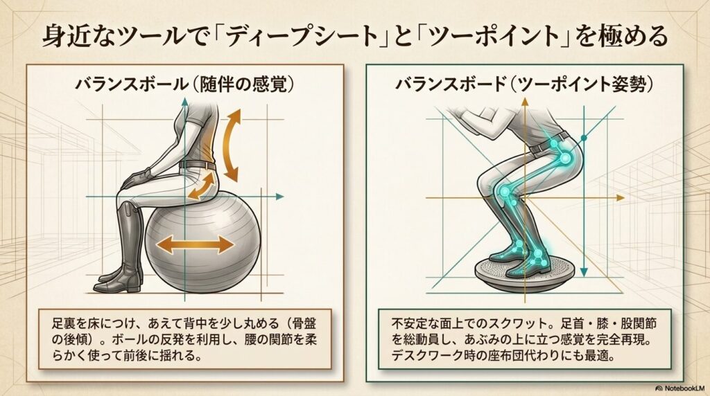 バランスボールによるディープシートの練習とバランスボードでのツーポイント姿勢強化