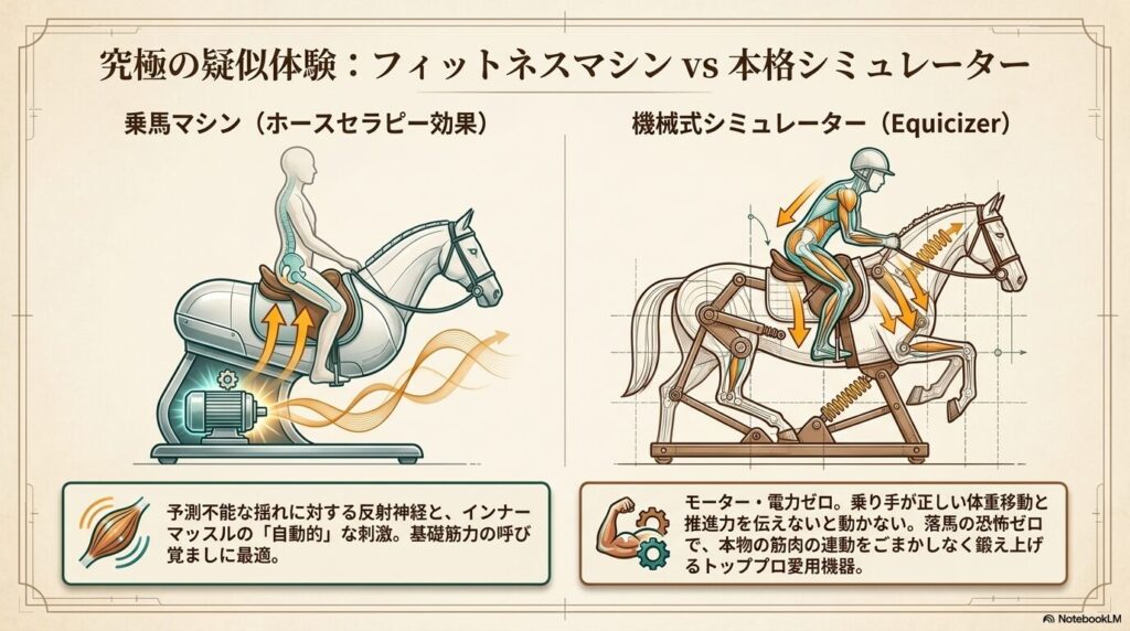 8の字の揺れを作る乗馬マシンと完全機械式の本格乗馬シミュレーターの構造比較
