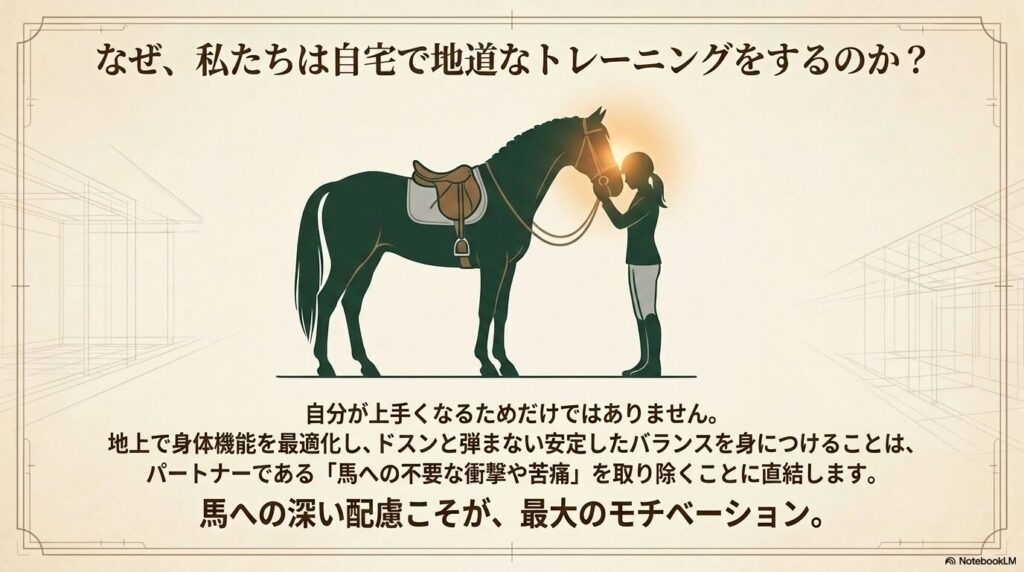 馬への負担を軽減し深い配慮を示すための人間側の乗馬トレーニングの目的
