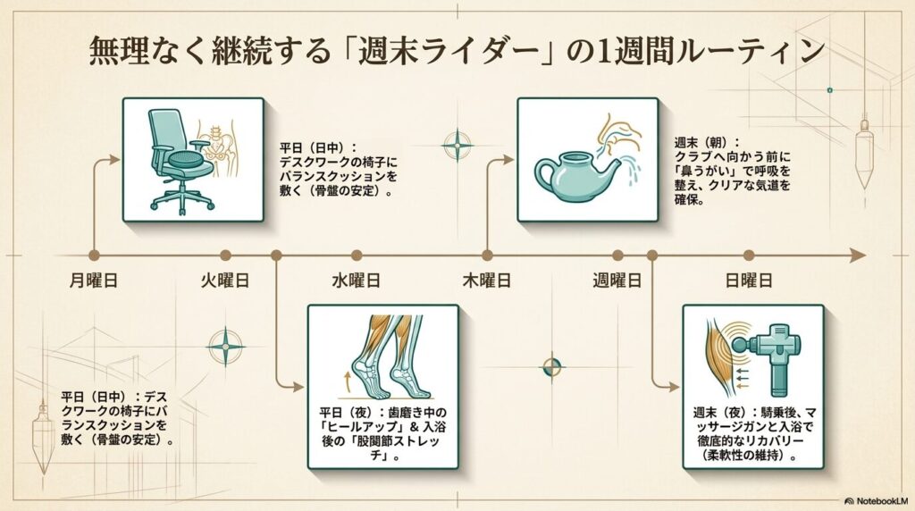 週末ライダーが無理なく継続できる日常に組み込んだ乗馬トレーニングの1週間ルーティン
