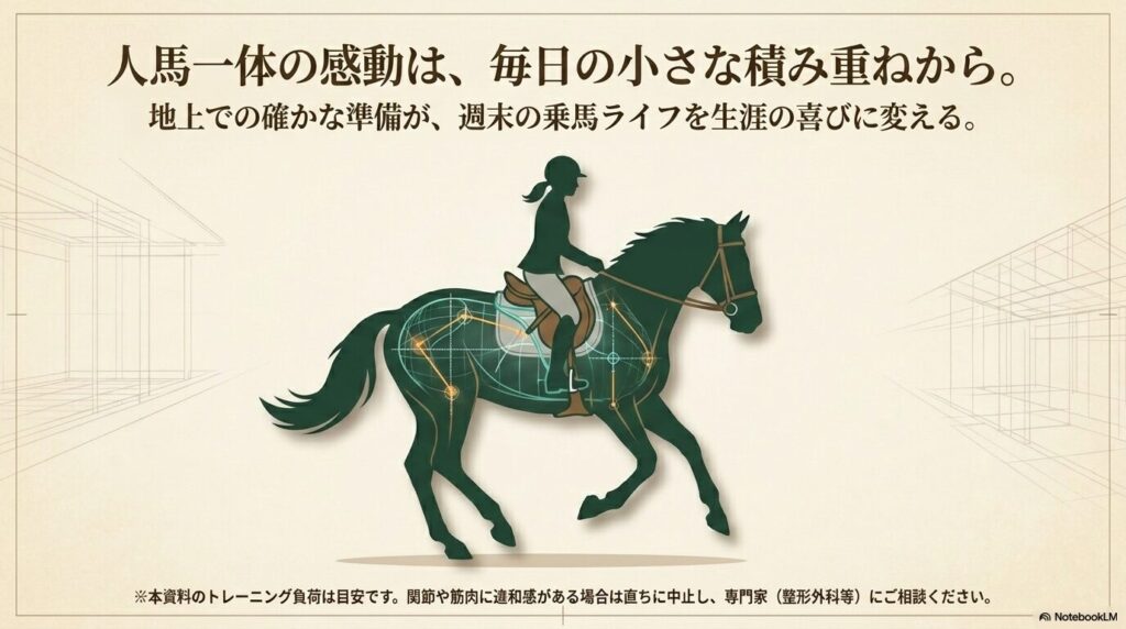 人馬一体の感動を生み出す正しい姿勢と骨格の連動を示すイラスト