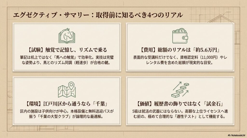 乗馬ライセンス5級取得前に知るべき試験と費用および環境と履歴書での価値に関する4つのポイント