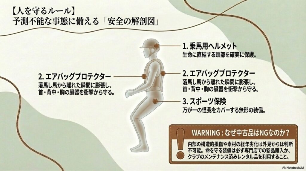 予測不能な落馬事故から人を守る乗馬用ヘルメットやエアバッグプロテクターなどの安全装備とスポーツ保険の解説図