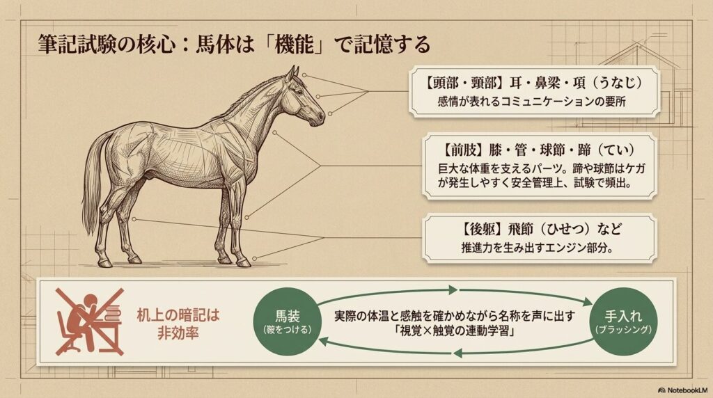 筆記試験で頻出する馬体の名称と視覚や触覚を連動させた効果的な暗記法