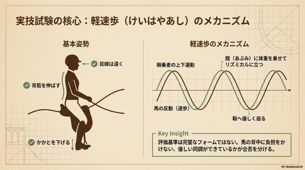 乗馬ライセンス5級の実技試験で求められる基本姿勢と軽速歩のメカニズムの図解