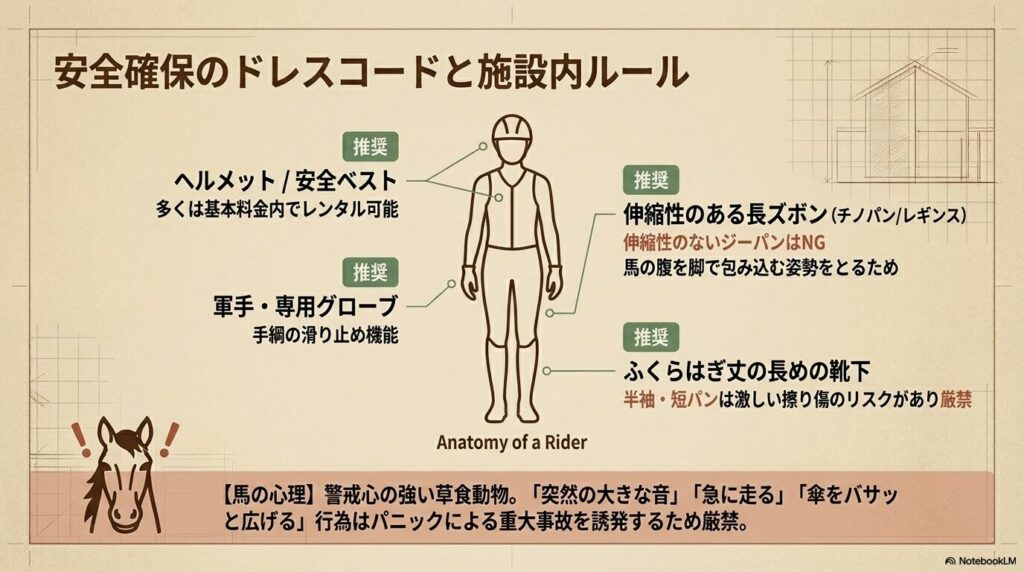 乗馬ライセンス5級の教習で推奨されるヘルメットや手袋および伸縮性のある長ズボンなどの服装規定