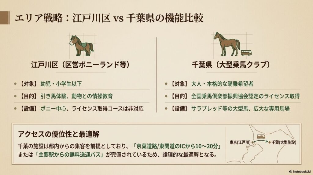 東京都江戸川区から無料送迎バス等を利用して千葉県の大型乗馬クラブへ向かうアクセス図
