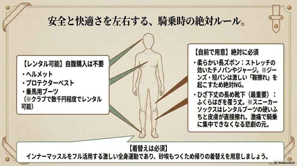 乗馬ライセンス5級受講時に必須となる柔らかい長ズボンと長め靴下の解説
