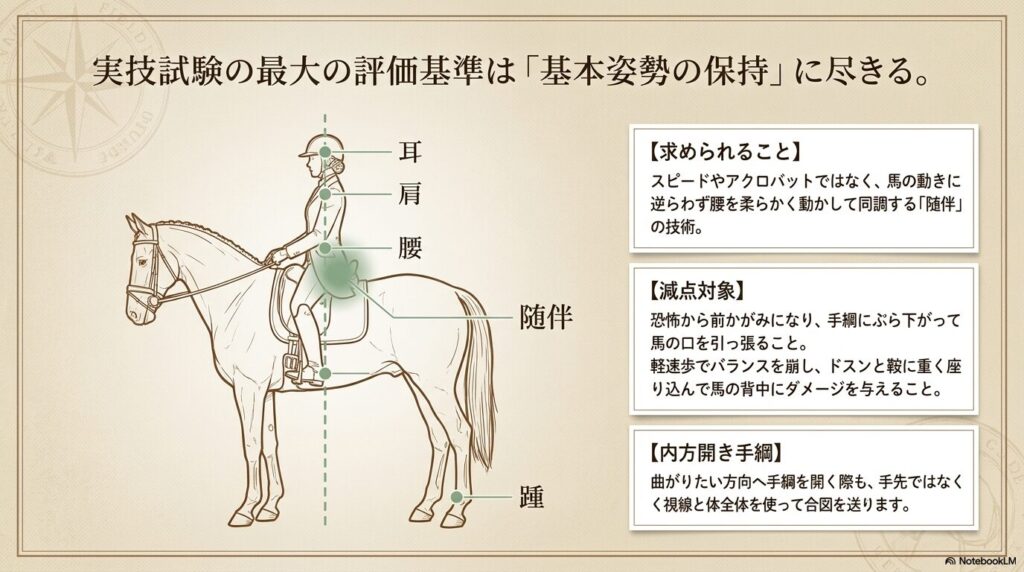 耳、肩、腰、踵が一直線になる乗馬の基本姿勢と随伴のイラスト