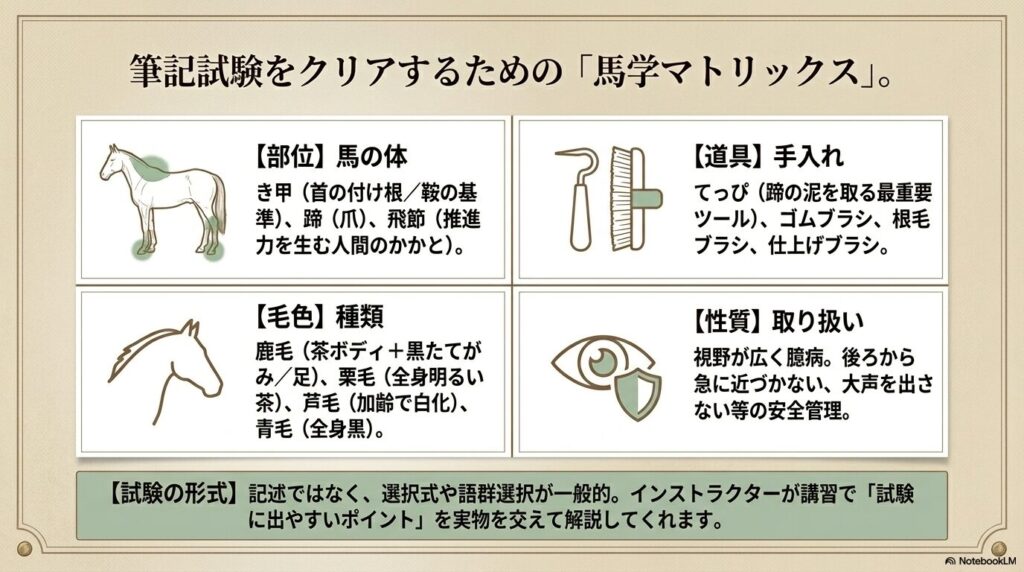 筆記試験で出題される馬の部位、毛色、手入れ道具、性質をまとめた馬学マトリックス