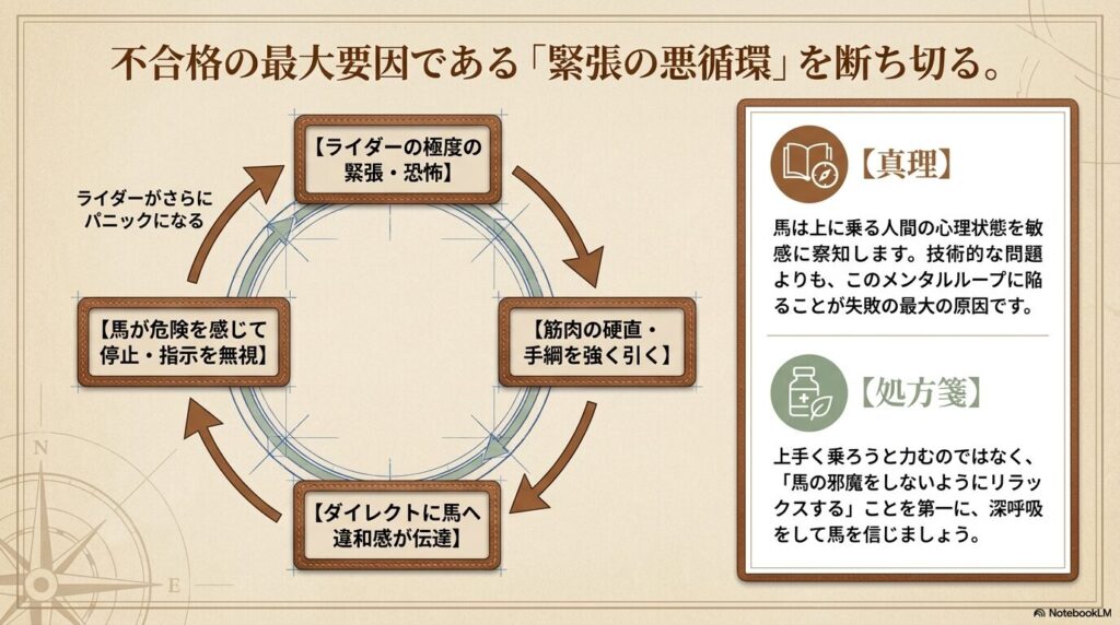 乗馬試験における不合格の最大要因である緊張と筋肉の硬直を示す悪循環の図