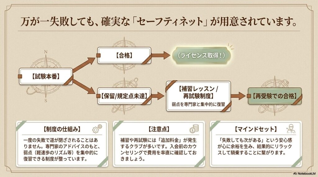 万が一不合格になった場合の補習レッスンと再試験制度によるセーフティネットの仕組み