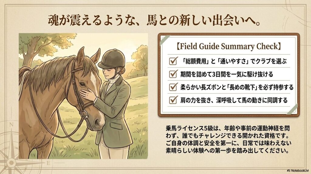 乗馬ライセンス5級取得を通じた馬との出会いとフィールドガイドのサマリー