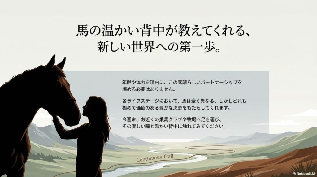 馬の温かい背中が教えてくれる新しい世界への第一歩を踏み出す乗馬者と馬のシルエット