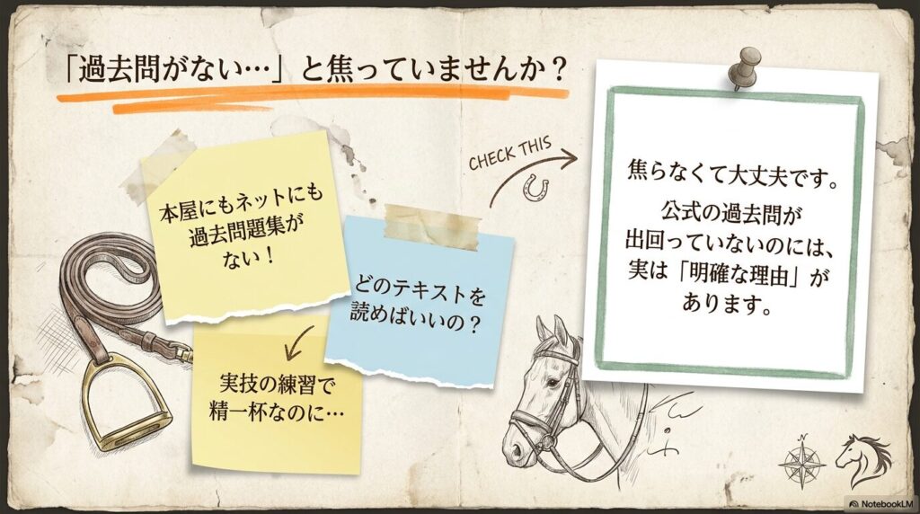 過去問が見つからずに焦っている受験者の悩みを表したイラスト