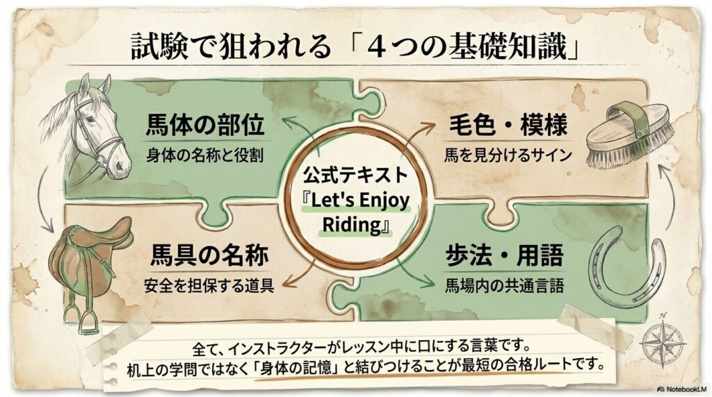乗馬5級ライセンス筆記試験で頻出する4つの基礎知識（馬体、馬具、毛色、歩法）の図解